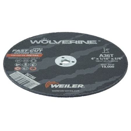 Weiler Type 1, 4 in Dia, 1/16 in Thick, Aluminum Oxide, 36 Grit 56166